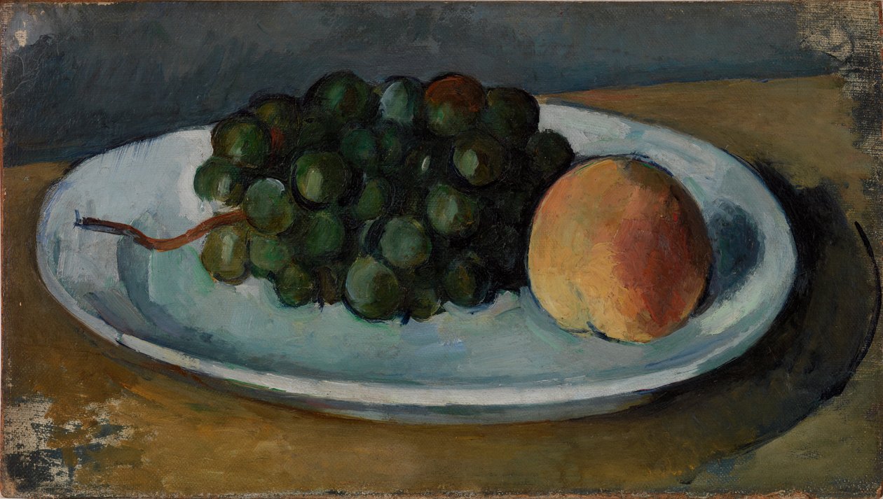 Trauben und Pfirsich auf einem Teller von Paul Cézanne
