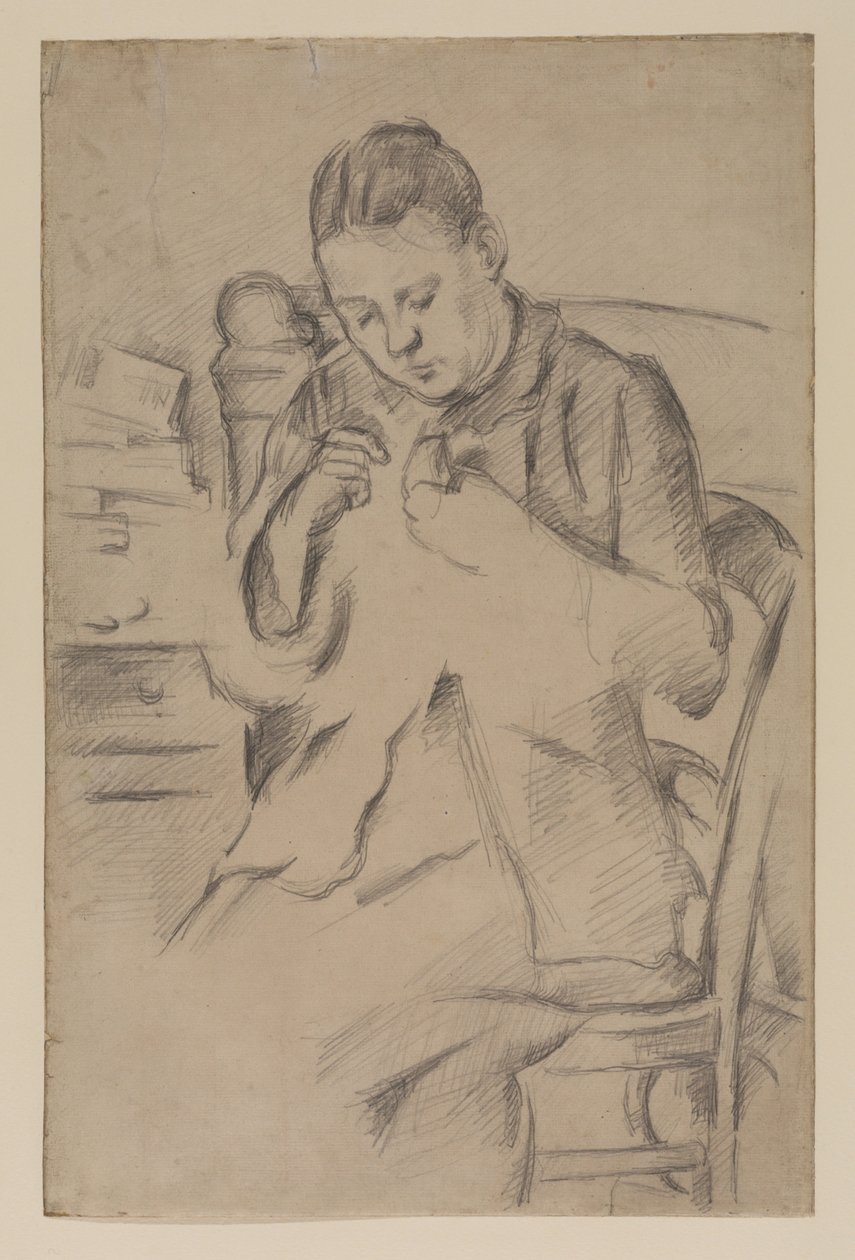 Hortense Fiquet, Madame Cezanne, beim Nähen, ca. 1880 (Bleistift auf Papier) von Paul Cézanne
