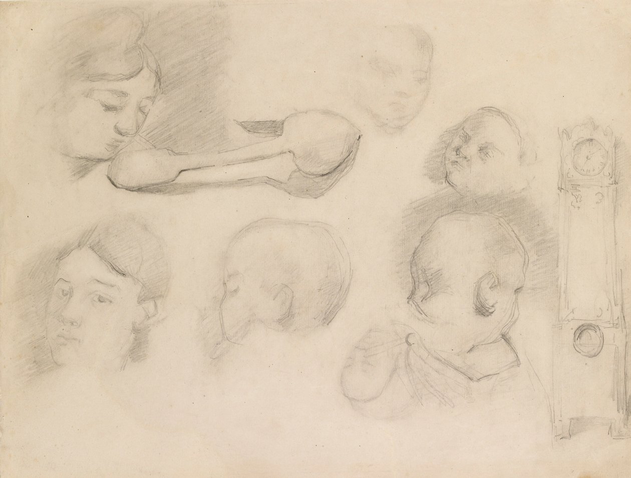 Studien eines Kinderkopfes, eines Frauenkopfes, eines Löffels und einer Standuhr, ca. 1872 von Paul Cézanne