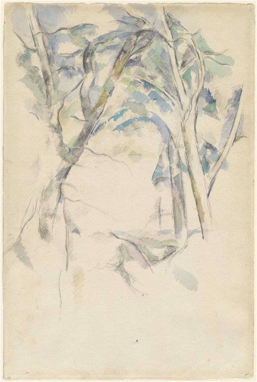 Bäume, die sich über Felsen lehnen, um 1892 von Paul Cézanne
