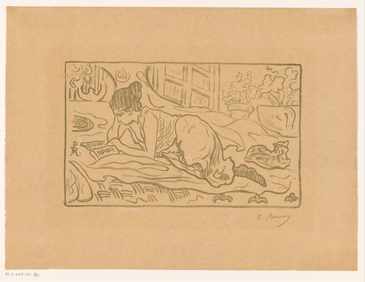 Lesende Frau liegend auf einem Bett von  (signed by artist) Paul Élie Ranson