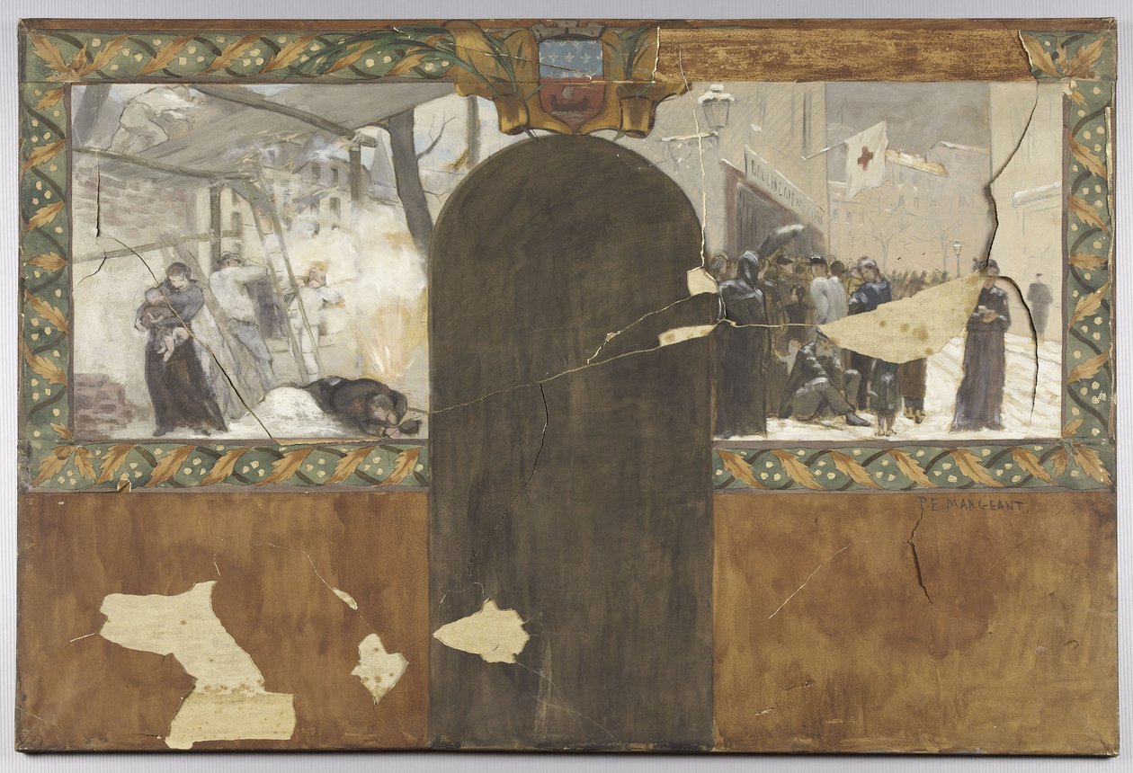 Skizze für das Büro des Präfekten im Hôtel de Ville de Paris: Die Bombardierung von Paris - Die Schlange vor einer städtischen Metzgerei von Paul Emile Mangeant