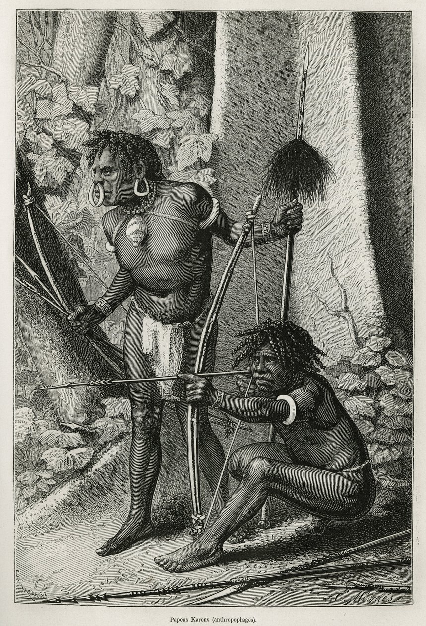 Porträts von zwei Papuas Karons, Kannibalen, Gravur von E. Mesples, zur Illustration der Reise nach Neuguinea von Achille Raffray, beauftragt mit einer wissenschaftlichen Mission durch das Ministerium für öffentliche Bildung, 1876-1877, veröffentlicht in „ von Paul Eugene (after) Mesples