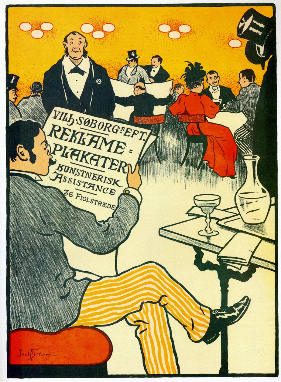 Werbeplakat für eine Druckerei, das eine Barszene darstellt von Paul Fischer
