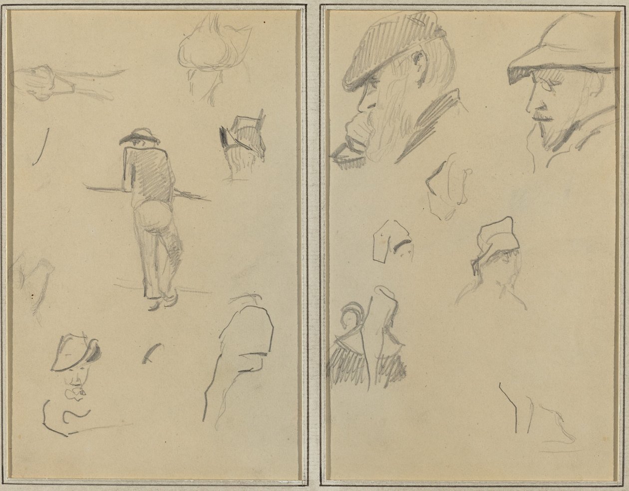 Ein Mann, der sich an eine Wand lehnt, mit fünf weiteren Studien; Zwei bärtige Männer mit Hüten und fünf weiteren Studien [recto] von Paul Gauguin