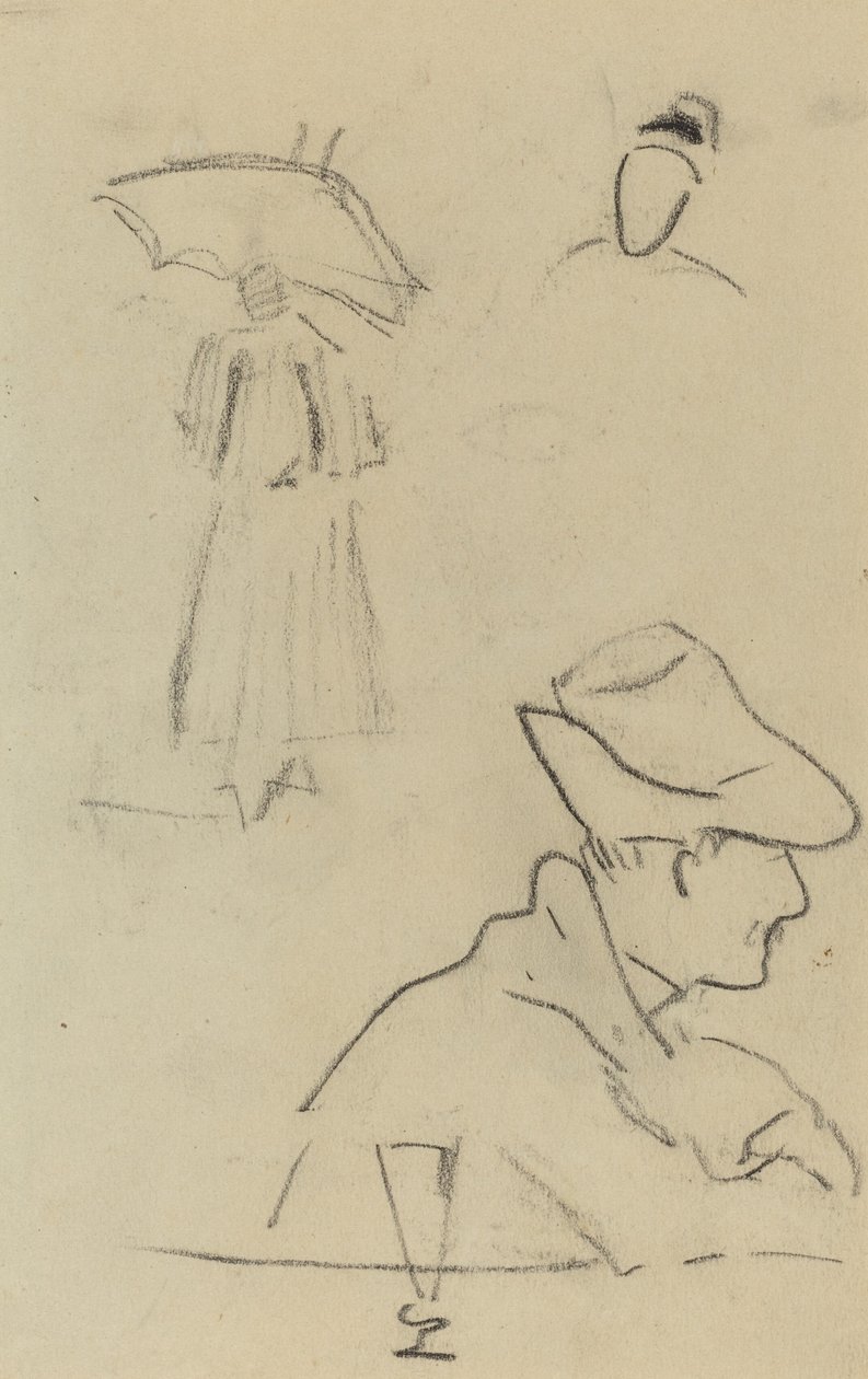 Eine Person mit einem Regenschirm und ein sitzender Mann mit Hut und Glas [verso] von Paul Gauguin