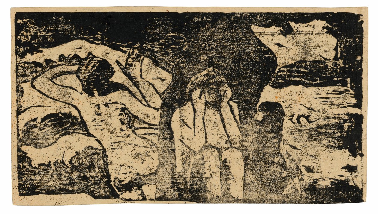 An den Schwarzen Felsen, aus der Suite der späten Holzschnittdrucke von Paul Gauguin