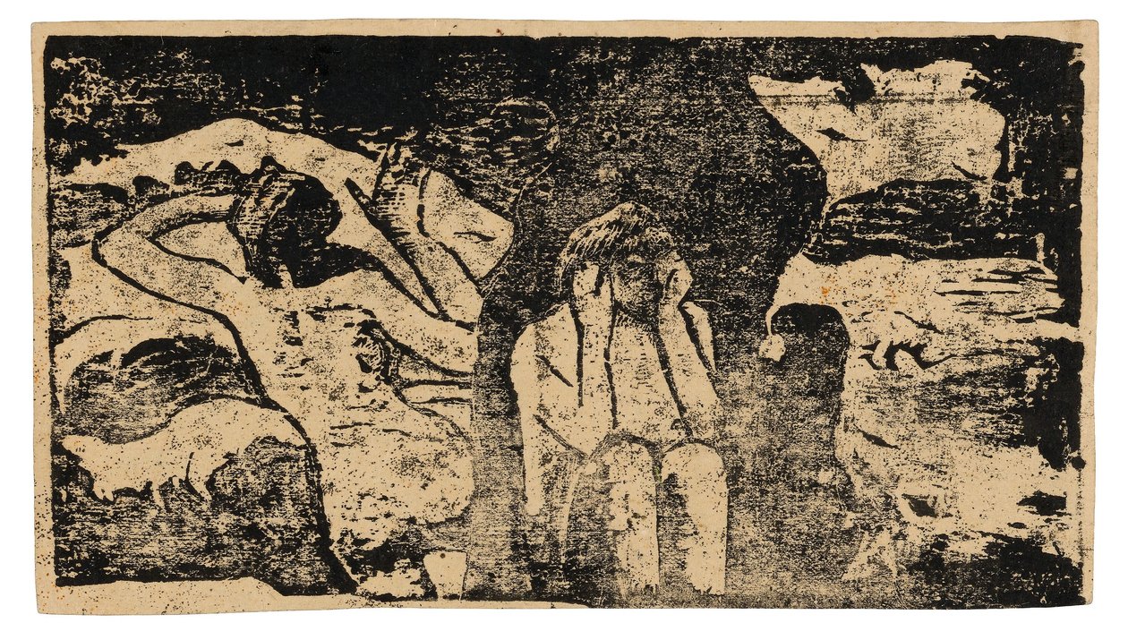 An den schwarzen Felsen, aus der Suite der späten Holzschnitte von Paul Gauguin
