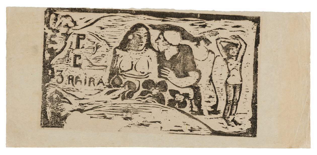Büste einer nackten Frau und Dreiviertelfigur eines Mannes mit weißer Mütze im Profil, dritte kleine Figur ganz rechts, Kopfstück für Le sourire von Paul Gauguin