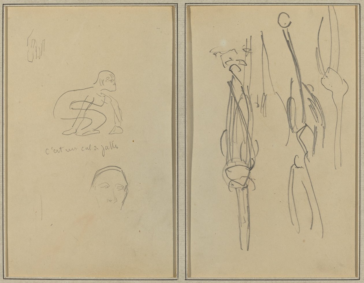 Kauernder Affe und Männerkopf; Knochen und Muskeln [verso] von Paul Gauguin