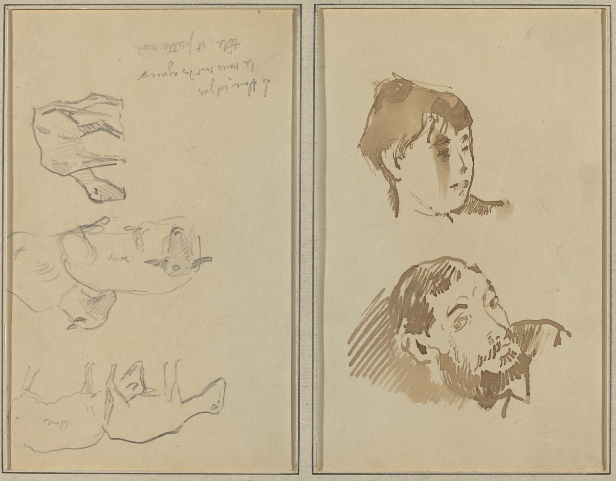 Fünf Schafe; Kopf einer Frau und Kopf eines bärtigen Mannes von Paul Gauguin