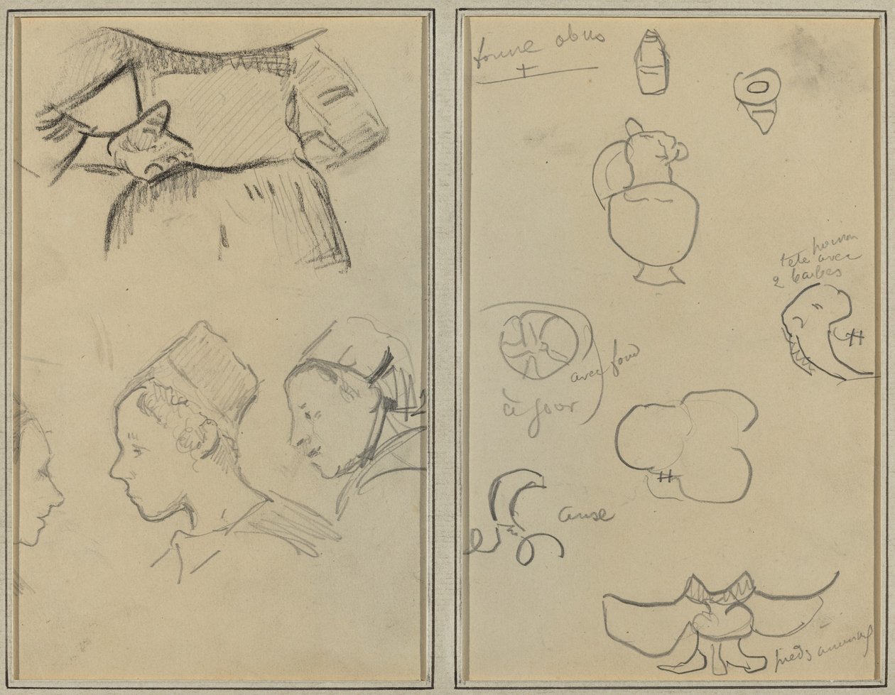 Vier Studien bretonischer Frauen; Formen und Vasen [verso] von Paul Gauguin