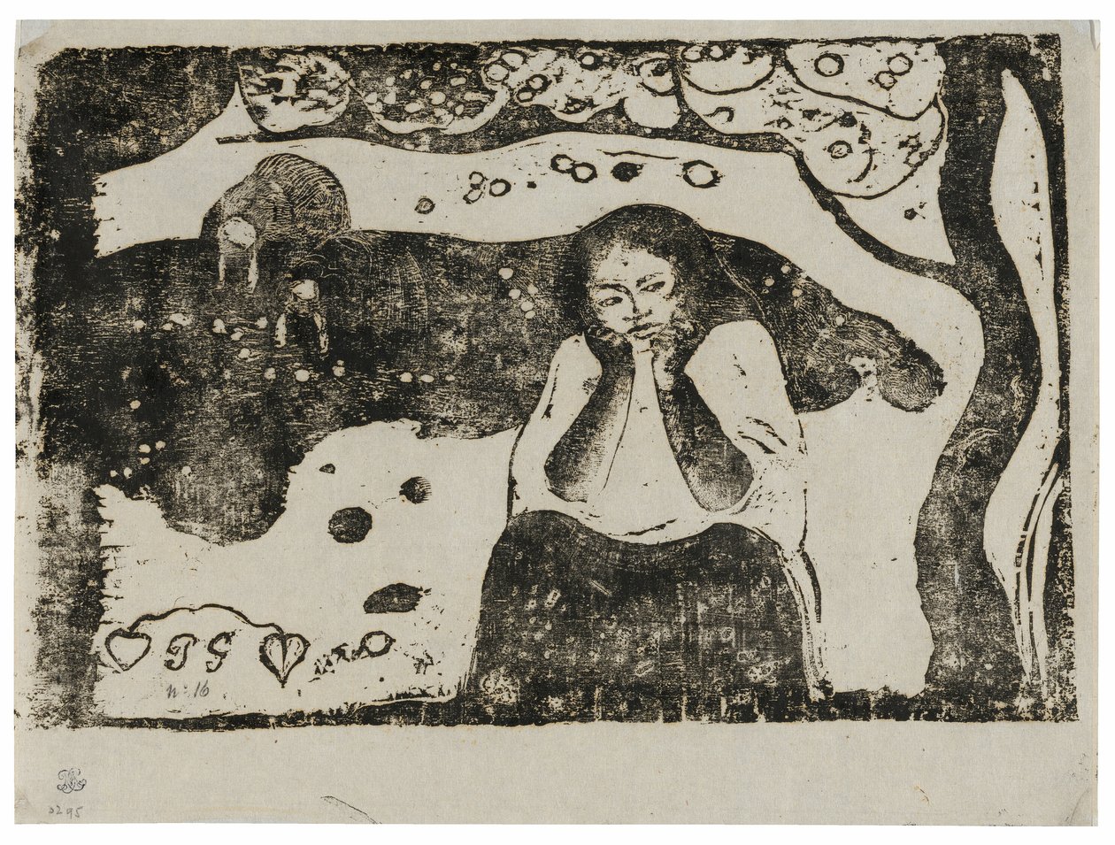 Menschliches Elend, aus der Suite der späten Holzschnittdrucke von Paul Gauguin