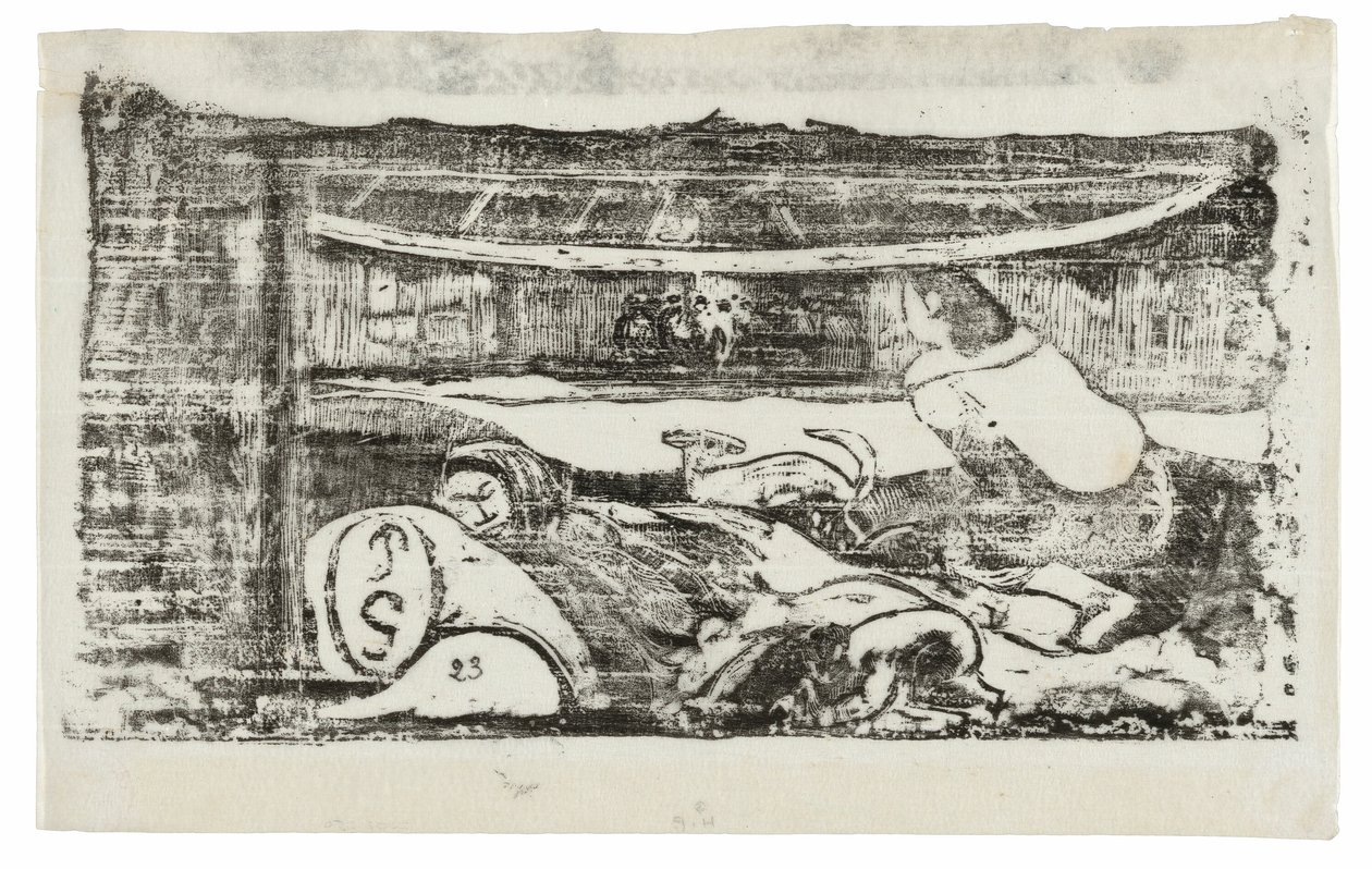 Innenansicht einer tahitianischen Hütte, aus der Suite der späten Holzschnittdrucke von Paul Gauguin