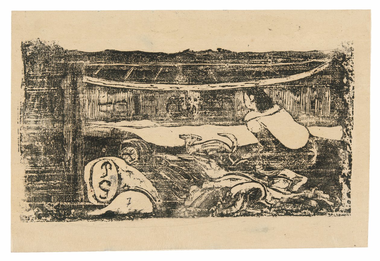 Inneres einer tahitianischen Hütte, aus der Suite der späten Holzschnittdrucke von Paul Gauguin
