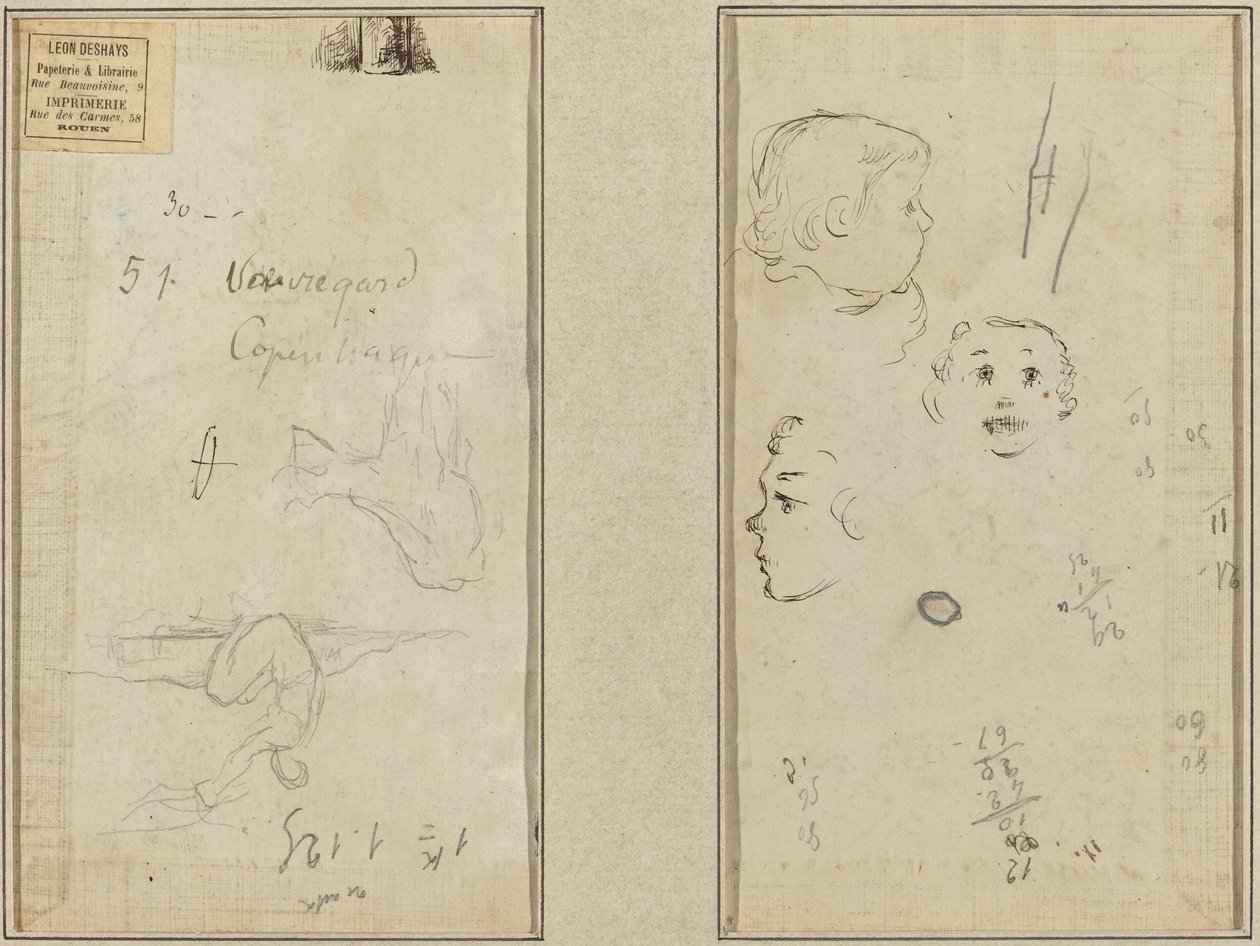 Sitzende Figur und eine Kuh; Drei Studien eines Kinderkopfes von Paul Gauguin