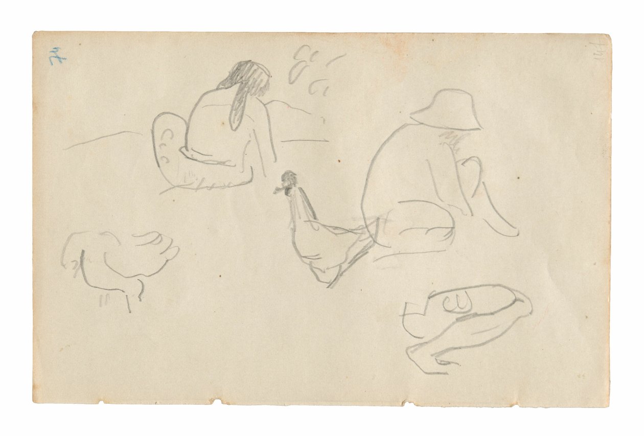 Skizzen von sitzenden Figuren und Hühnern (recto), weiblicher Akt-Torso (verso), aus dem Carnet de Tahiti (Tahitianisches Skizzenbuch) von Paul Gauguin