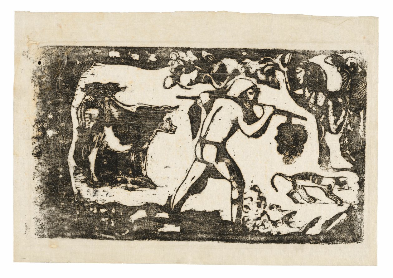 Tahitianer trägt Bananen, aus der Suite der späten Holzschnitte von Paul Gauguin