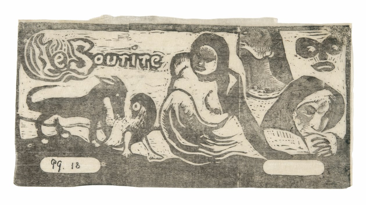 Drei Personen, eine Maske, ein Fuchs und ein Vogel, Kopfstück für Le sourire von Paul Gauguin
