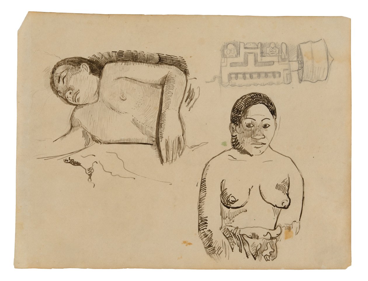 Zwei tahitianische Frauen und ein Marquesan-Ohrstecker von Paul Gauguin