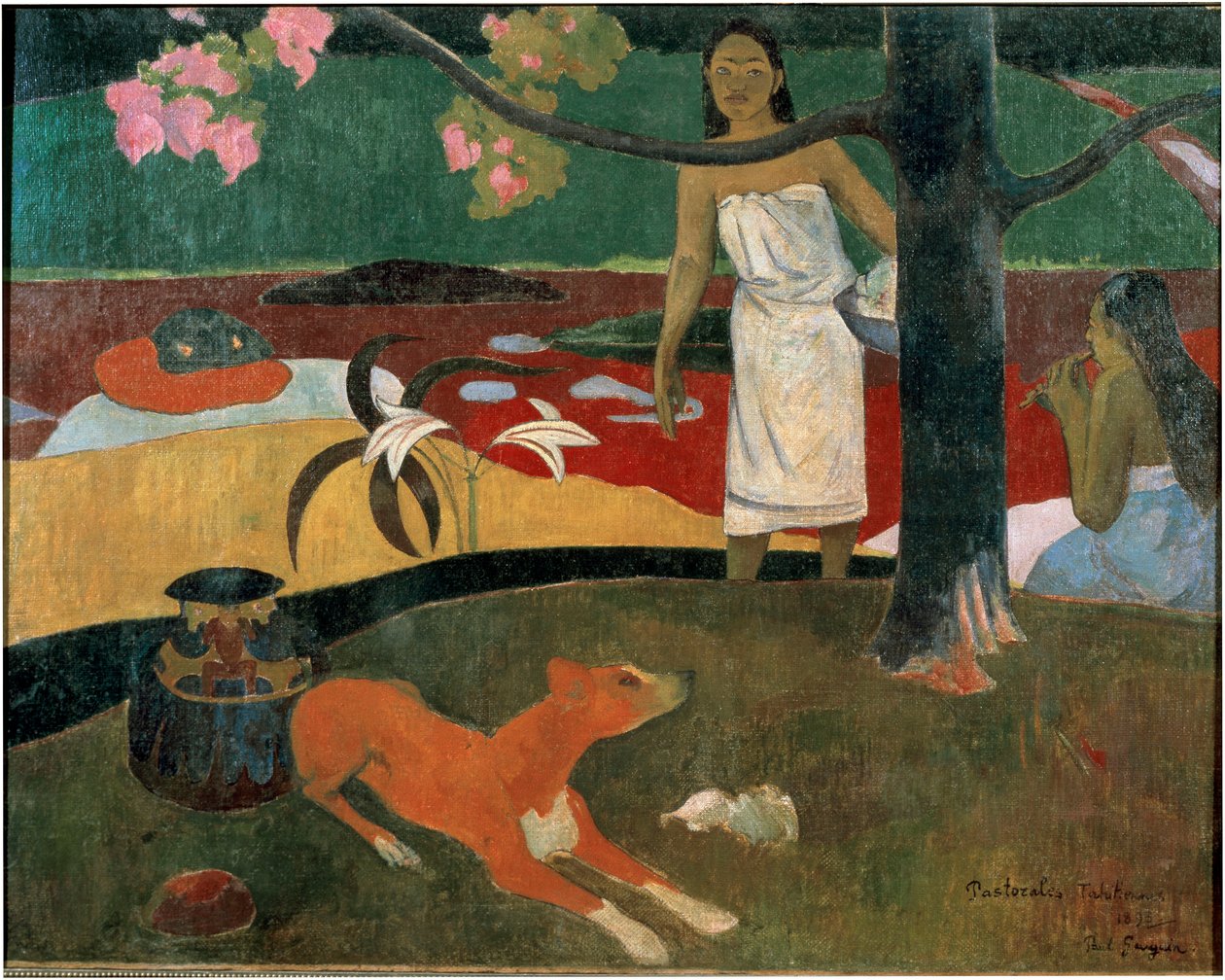 Zwei tahitianische Frauen und ein Hund. Gemälde von Paul Gauguin von Paul Gauguin