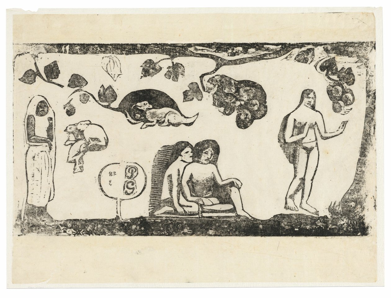 Frauen, Tiere und Laub, aus der Suite der späten Holzschnittdrucke von Paul Gauguin