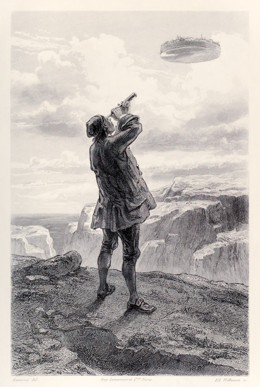 Gulliver sieht die fliegende Insel Laputa zum ersten Mal und untersucht sie durch sein Teleskop, aus der französischen Ausgabe von Gullivers Reisen von Jonathan Swift von Paul Gavarni