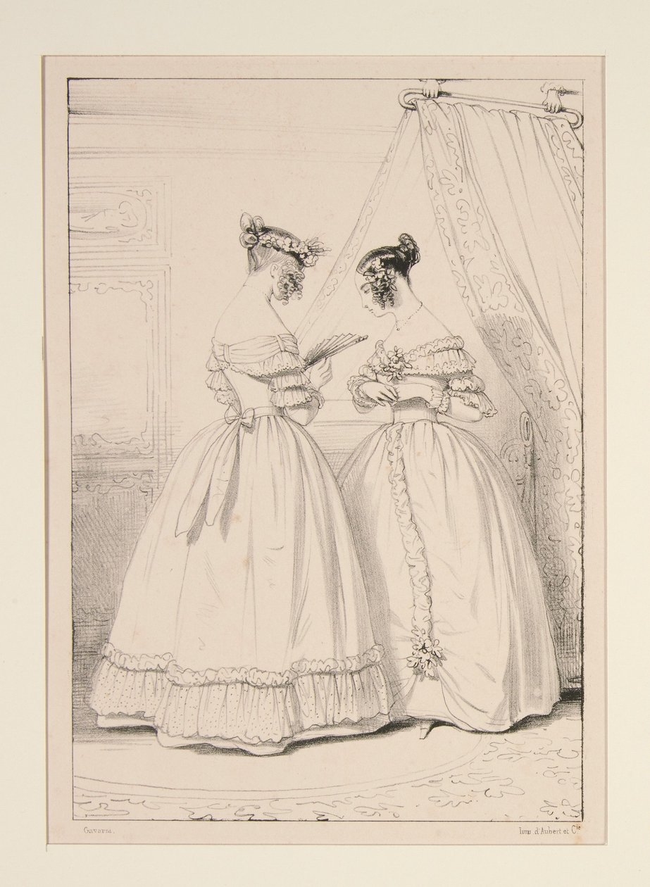 JANUAR 1838. Kleid aus Krepp mit einem Tüllvolant verziert. von Paul Gavarni