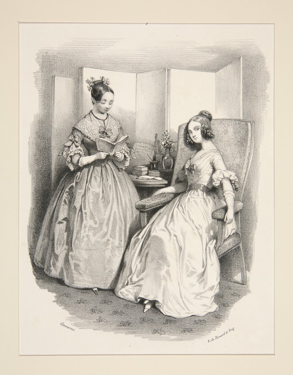 Abendtoiletten. Kleider aus Seidenstoffen. Samtbänder. von Paul Gavarni