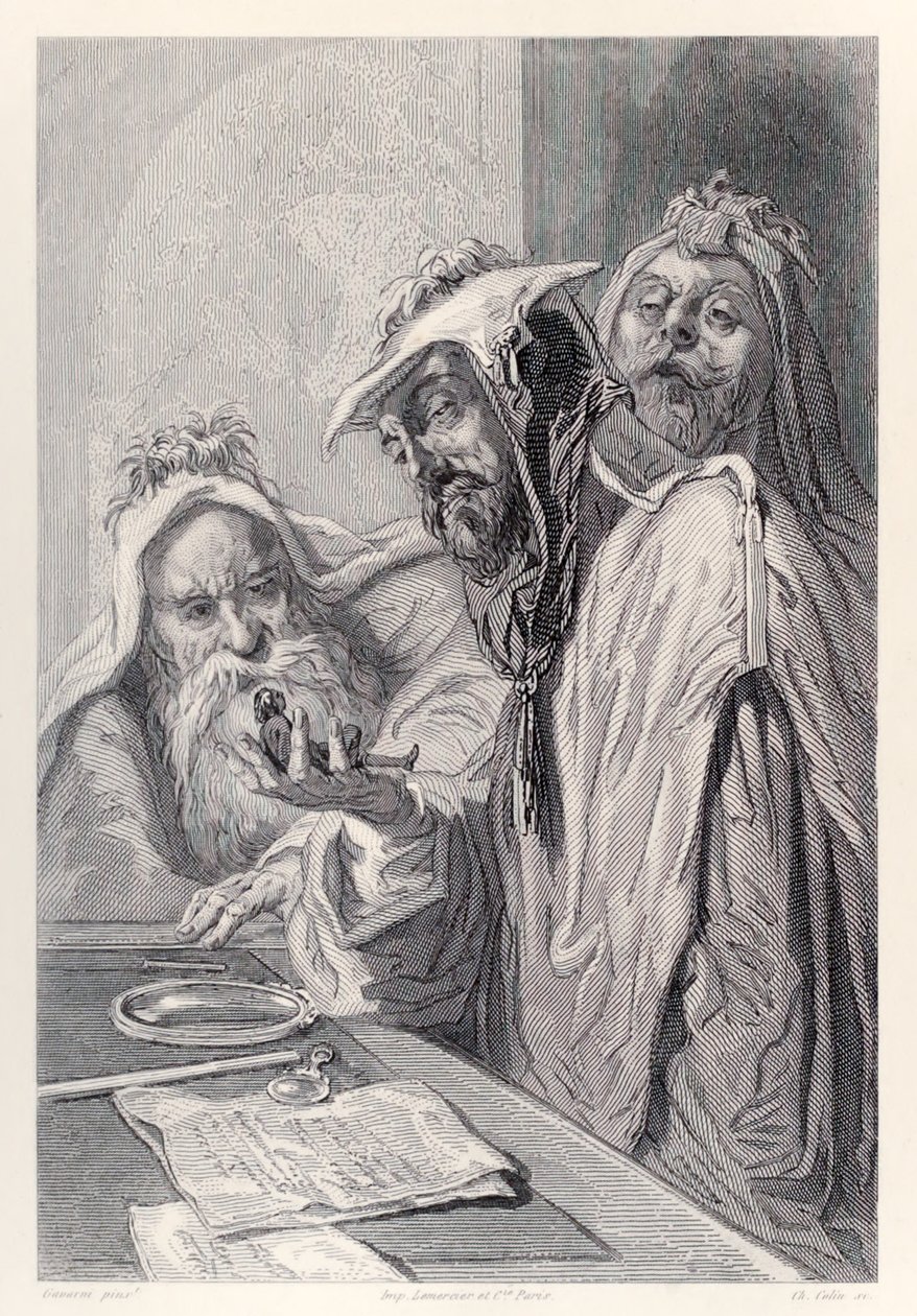 Die Wissenschaftler von Lordbruldrud untersuchen Gulliver, aus der französischen Ausgabe von Gullivers Reisen von Jonathan Swift von Paul Gavarni