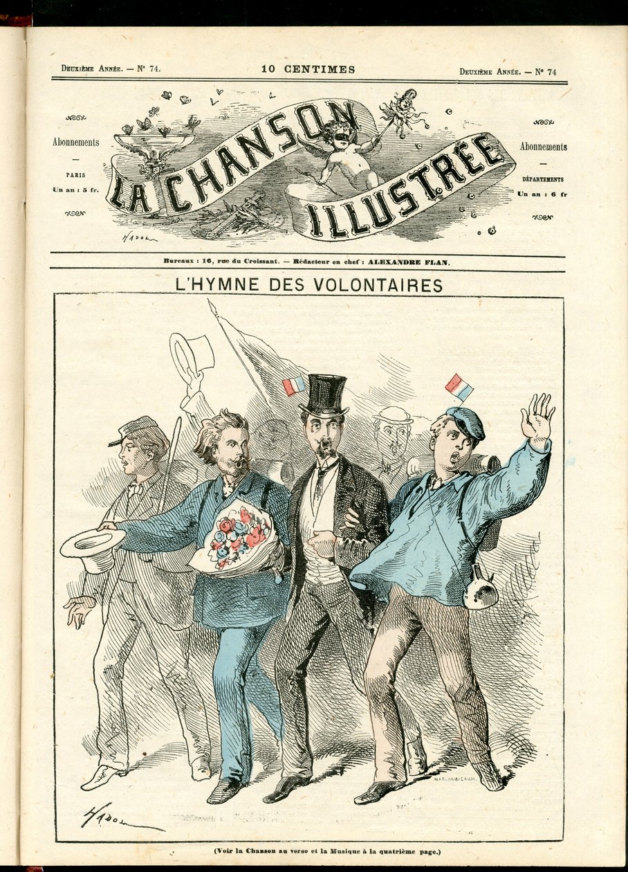 La Chanson illustrée (Zeitschrift), Nummer 74, Satirisch in Farben, ca. 1870: Die Hymne der Freiwilligen - Krieg 1870-1871, Patriotismus - Illustration von Hadol (1835-1875) von Paul Hadol