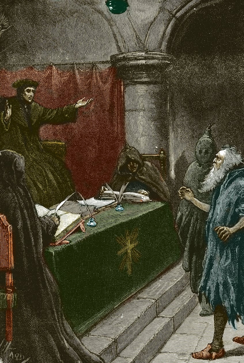 Inquisition und Vertreibung der Juden aus Spanien: ein spanischer Jude vor dem Großinquisitor um 1492 zur Zeit der Veröffentlichung des Dekrets von Alhambra - Illustration von Paul Hardy 1891 von Paul Hardy