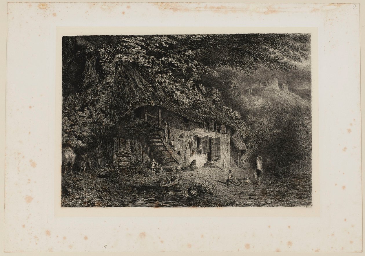 Normannisches Bauernhaus mit den Ruinen des Schlosses Arcques. Beraldi 79 IFF 31 von Paul Huet