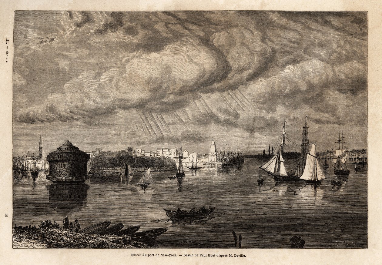 Der Eingang zum Hafen von New York, Zeichnung von Paul Huet (1803-1869), zur Illustration der Reisen nach Nordamerika in den Jahren 1854-1855 von L. Deville. Gravur in „Le tour du monde“ 1861. Sammlung Selva. von Paul Huet