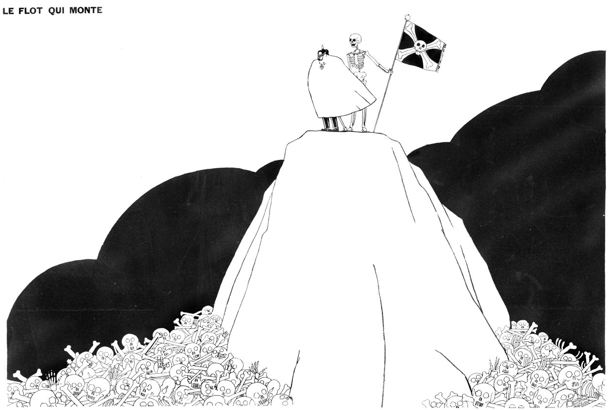 Der Tod zeigt Kaiser Wilhelm den immer größer werdenden Berg menschlicher Schädel und Knochen, 13. April 1916 von Paul Iribe
