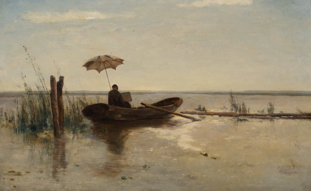 Ein Maler, möglicherweise der Künstler W.B. Tholen, bei der Arbeit in einem Kahn an einem sonnigen Tag von Paul Joseph Constantin Gabriel