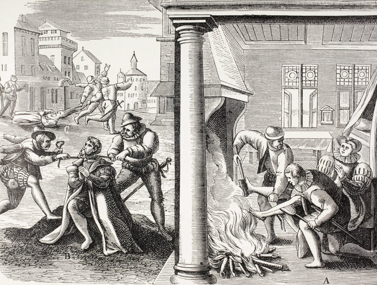 16. Jahrhundert Propaganda, die die Gewalt der französischen Hugenotten gegen die Katholiken darstellt von Paul Lacroix