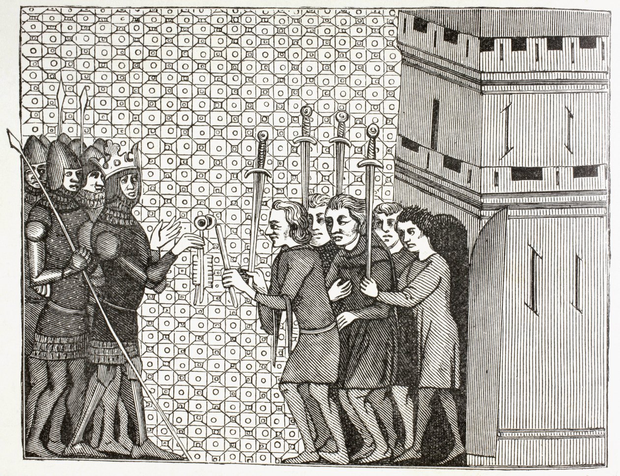 Nach der Eroberung einer Stadt im 14. Jahrhundert kapituliert die Garnison und wirft sich auf die Gnade ihrer Eroberer. Nach einer Miniatur aus dem 14. Jahrhundert in Histoire du Monde von Paul Lacroix