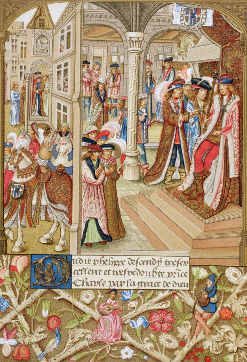 Karl der Kühne, Herzog von Burgund, 1433-1477, auf seinem Thron sitzend und von seinen Baronen und Räten begleitet. Nach einem Manuskript des 15. Jahrhunderts, Abgekürzte Chroniken von Burgund. von Paul Lacroix