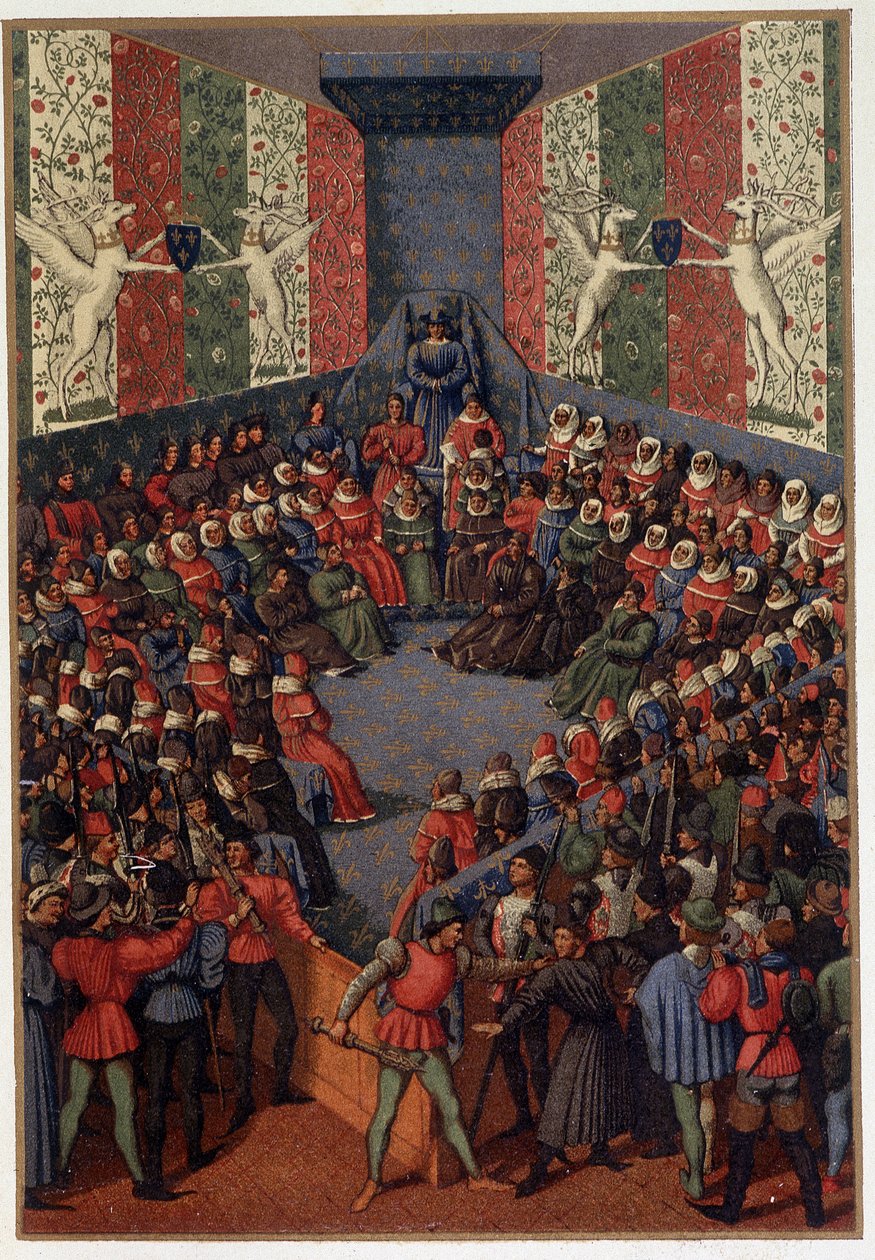 Karl VII. präsidiert über das Urteil von Johann, Herzog von Alençon (verbündet mit den Engländern) in Vendôme 1458 - nach der Miniatur von Fouquet, in „Militärisches und religiöses Leben im Mittelalter und in der Renaissance“ von Paul Lacroix, Paris von Paul Lacroix