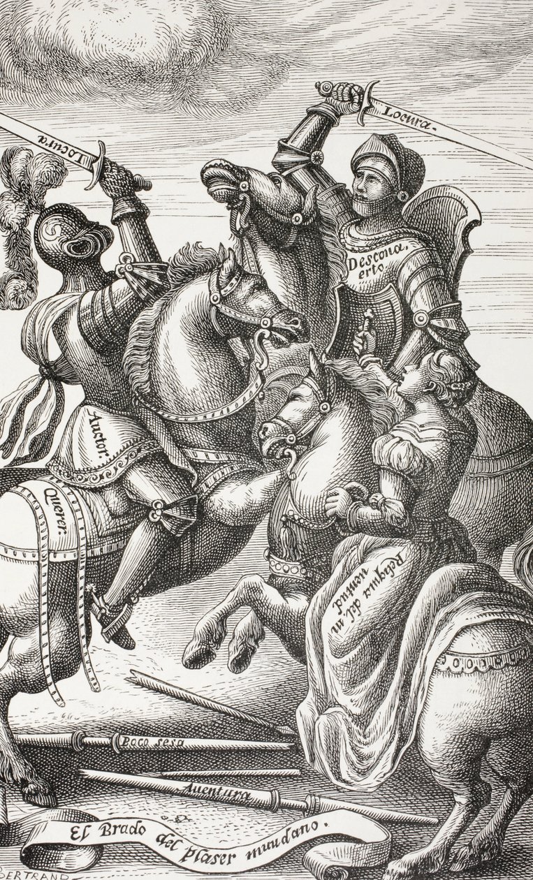 Ritterlichkeit dargestellt durch allegorische Figuren. Ritter kämpfen zu Pferd. Nach einem Kupferstich aus dem 16. Jahrhundert von Paul Lacroix