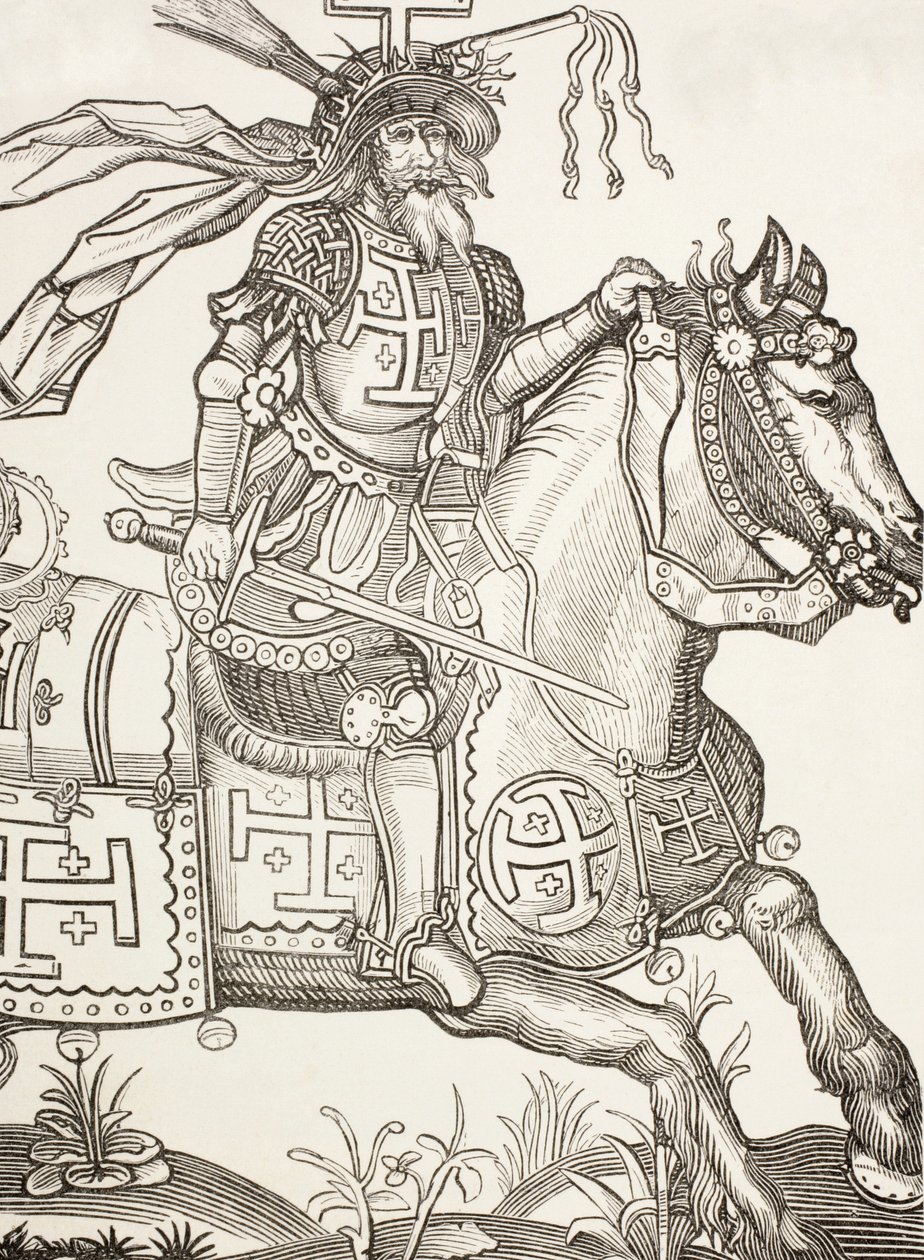 Gottfried von Bouillon, ca. 1060 - 1100, mittelalterlicher fränkischer Ritter. Ein Anführer des Ersten Kreuzzugs. Hier mit den Instrumenten der Passion Christi gekrönt. Nach einem Holzschnitt aus dem 15. Jahrhundert von Paul Lacroix