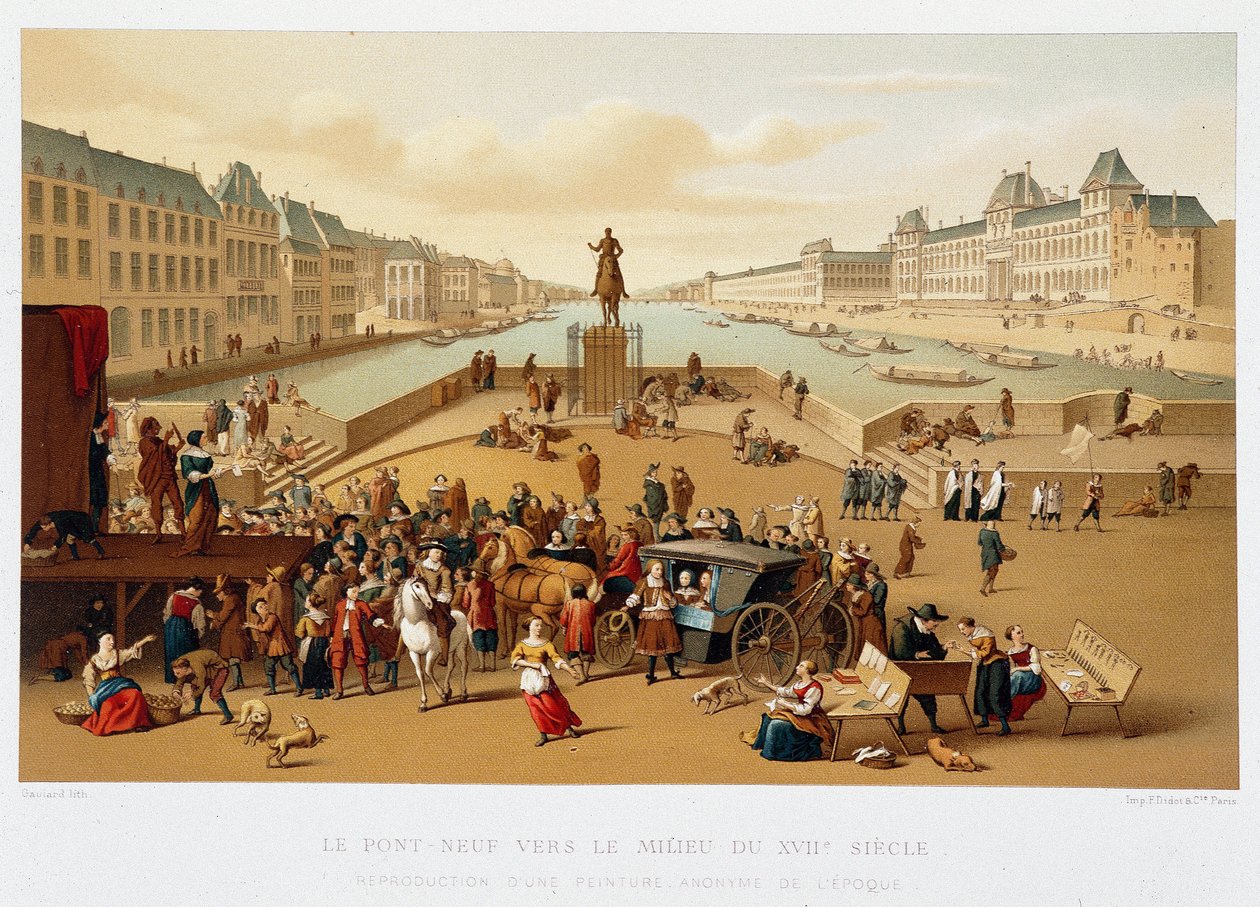 Le Pont Neuf Mitte des 17. Jahrhunderts, „17. Jahrhundert - Institutionen: Gebräuche und Kostüme, Frankreich 1590-1700“ von Paul Lacroix von Paul Lacroix
