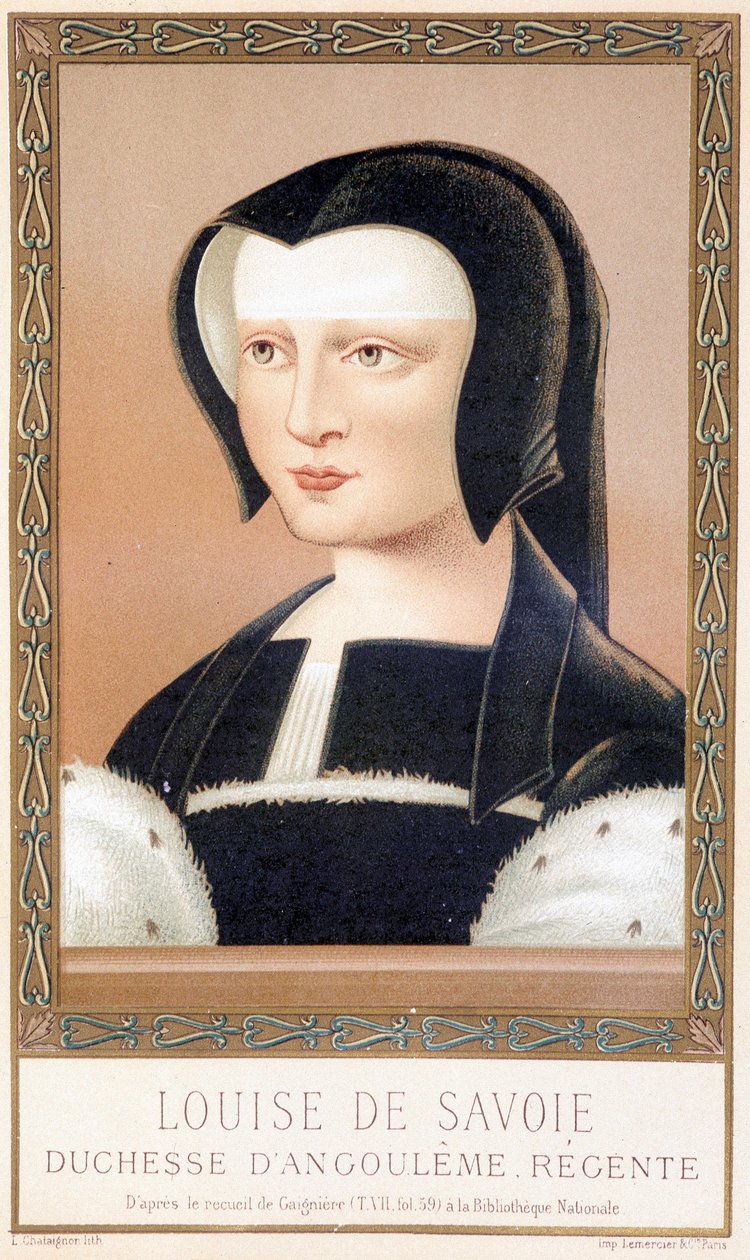 Porträt von Louise de Savoie (1476-1531), Herzogin von Angouleme und Regentin von Frankreich. Chromolithographie aus „Louis XII und Anne de Bretagne“ von Paul Lacroix, ed. Georges Hurtrel von Paul Lacroix