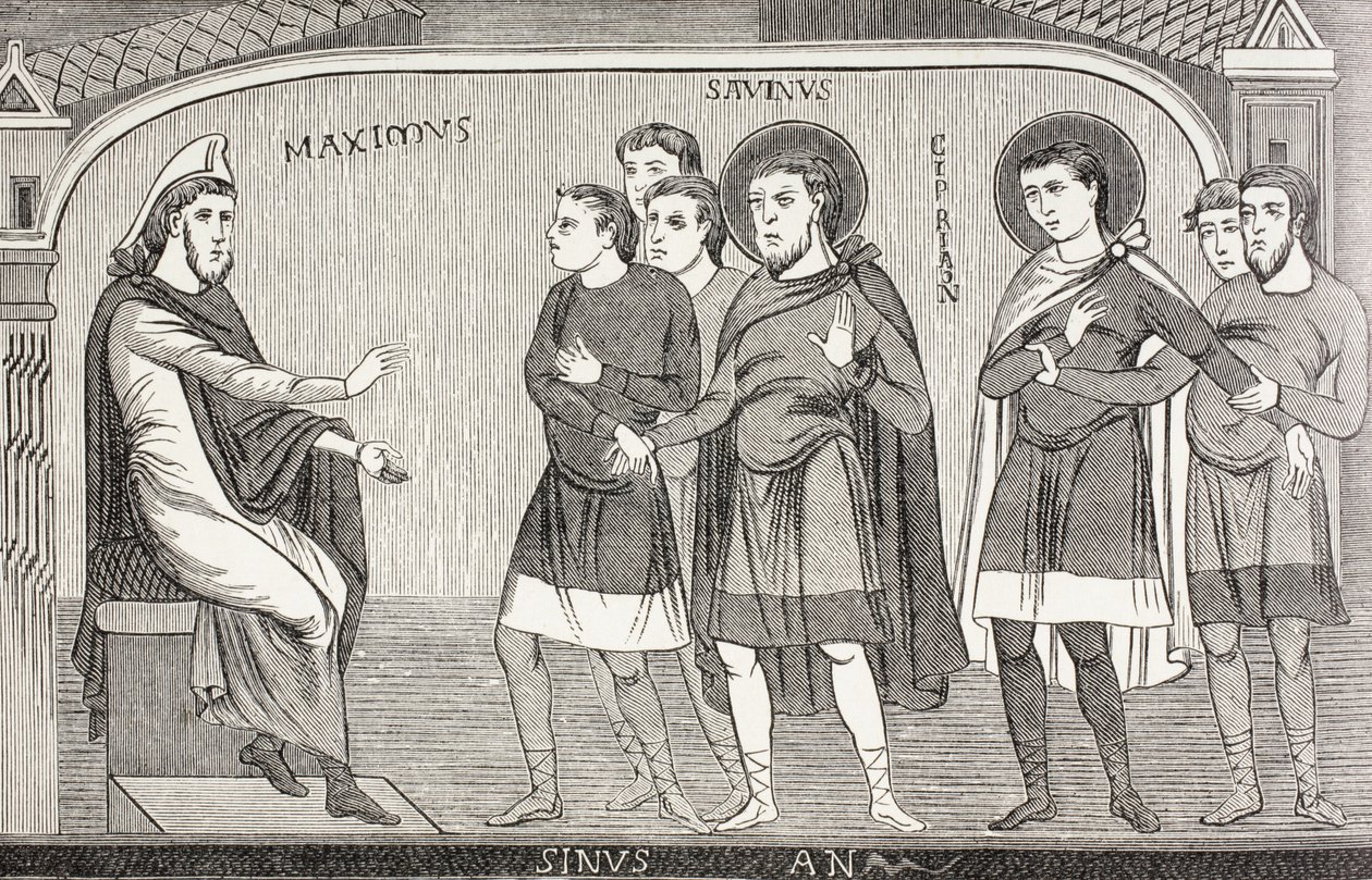 Heilige Savin und Cyprian bekennen sich vor Prokonsul Galerius Maximus als Christen. Nach einem Fresko aus dem 11. Jahrhundert in der Kirche von St. Savin, Vienne, Frankreich von Paul Lacroix