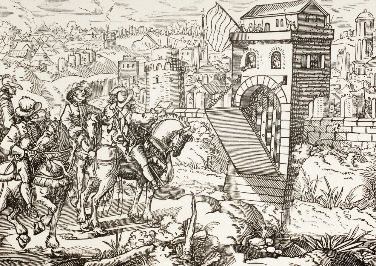 Belagerung einer Stadt. Die belagernde Armee liest die Bedingungen für die Kapitulation der Stadt und die Öffnung der Tore vor von Paul Lacroix