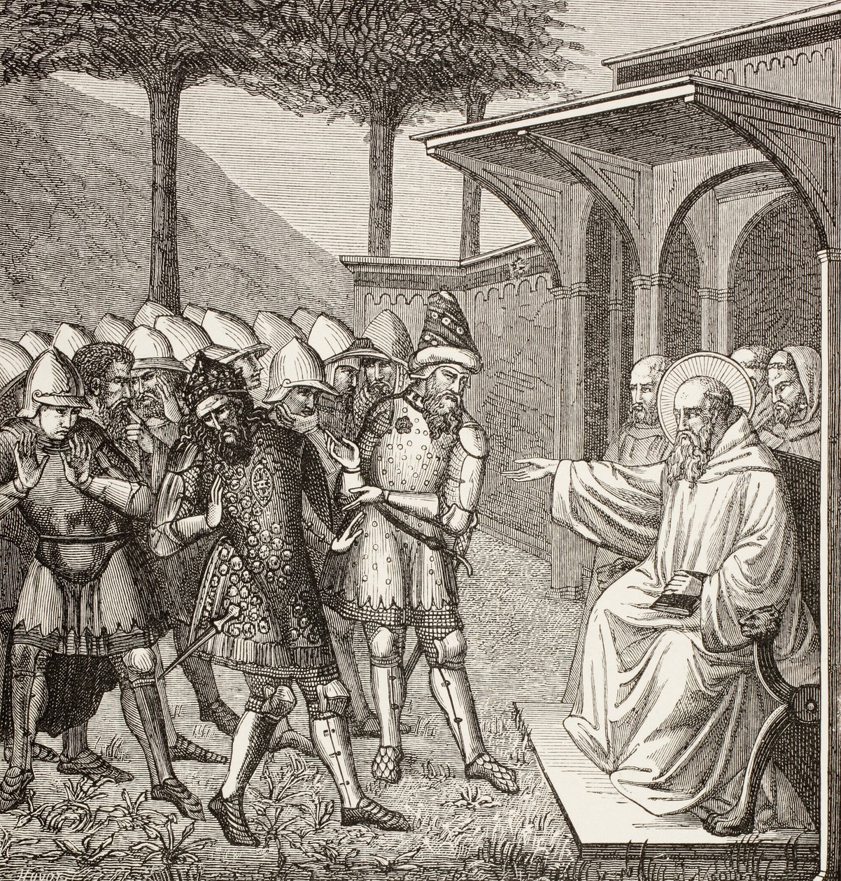 St. Benedikt von Nursia tadelt Baduila alias Totila, König der Ostgoten, dafür, dass er ihn getäuscht hat, und sagt seinen Tod voraus von Paul Lacroix