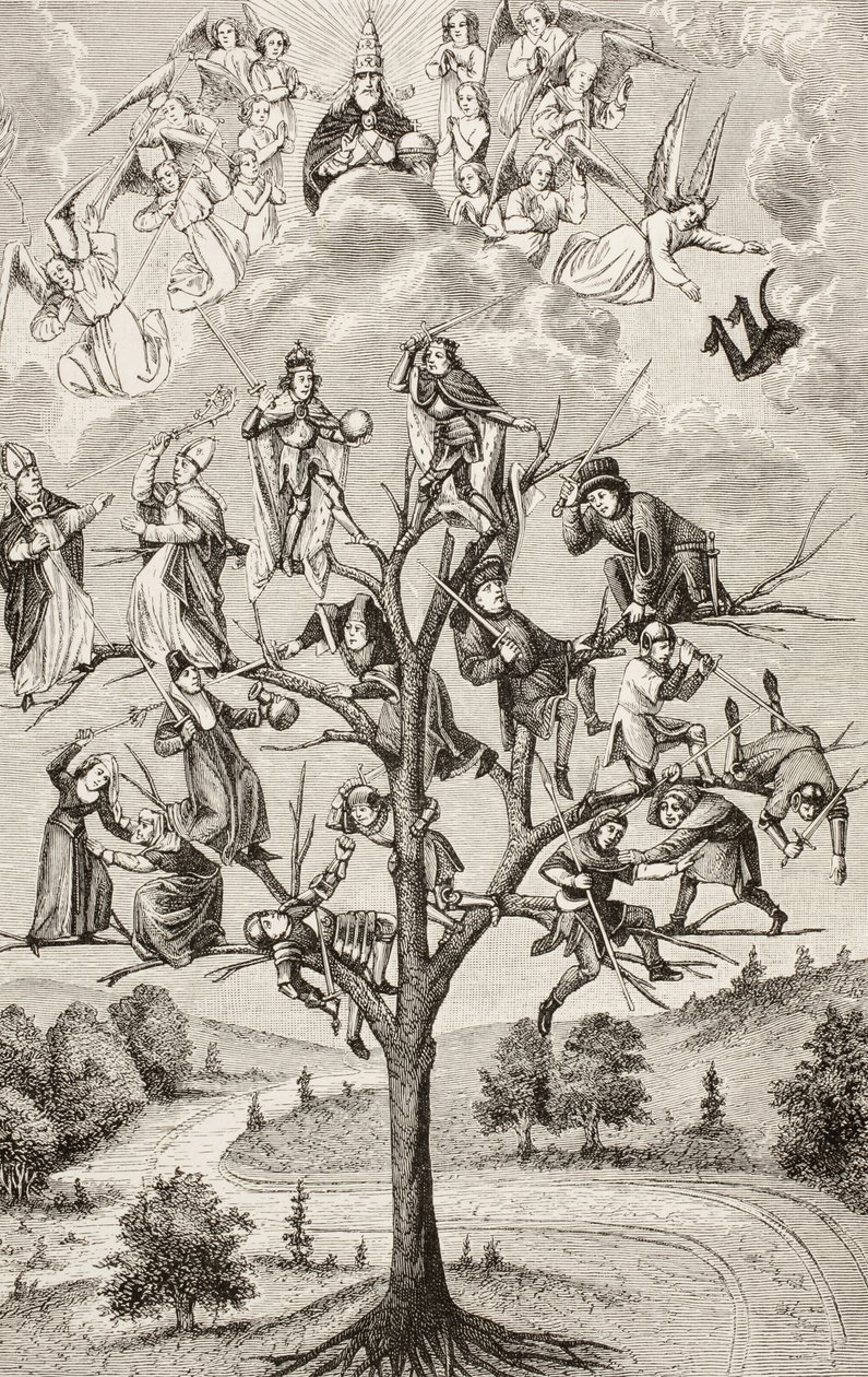 Der Baum der Schlachten. Allegorische Figuren, die die Zwietracht zwischen sozialen Klassen darstellen. Nach einem Manuskript aus dem 15. Jahrhundert von Paul Lacroix