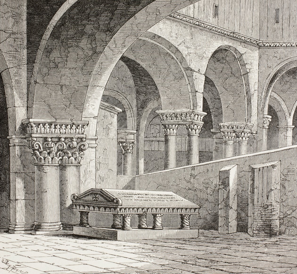 Grab von Gottfried von Bouillon, ca. 1060 - 1100, wie es in der Grabeskirche in Jerusalem existierte. Das Grab ist jetzt zerstört. Nach einer Zeichnung, die 1828 vor Ort gemacht wurde von Paul Lacroix
