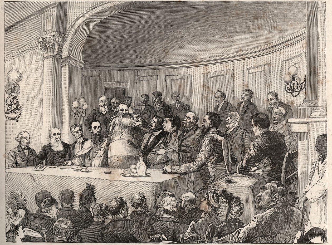 Der Anti-Sklaverei-Kongress, der am 21., 22. und 23. September 1890 in der Geographischen Gesellschaft in Paris in Anwesenheit von Jules Simon, Emile Keller und Monseigneur Lavigerie stattfand. Gravur nach einer Zeichnung von Paul Merwart in „The Illustrou von Paul Merwart